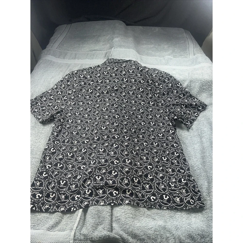 New True Religion Men's Button Up Shirt Size XL Black Logo Patch Happy Buddha TR